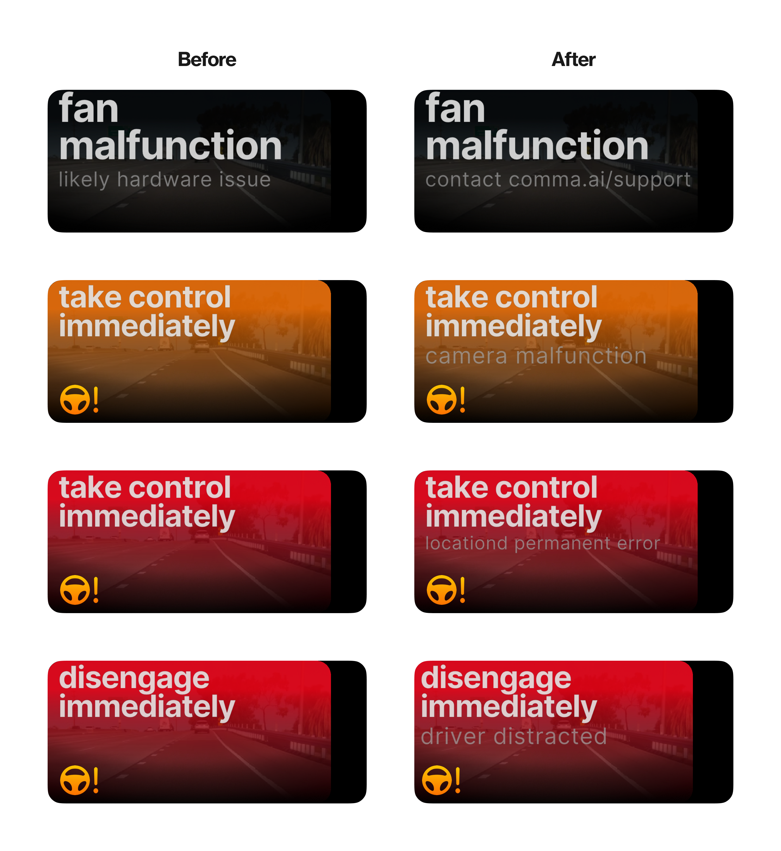 Before and after, various alerts