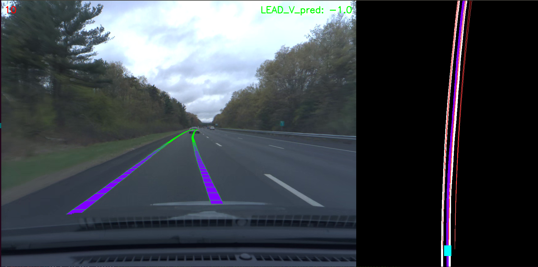 Road-camera view with false lanelines drawn over reflections on a car hood.