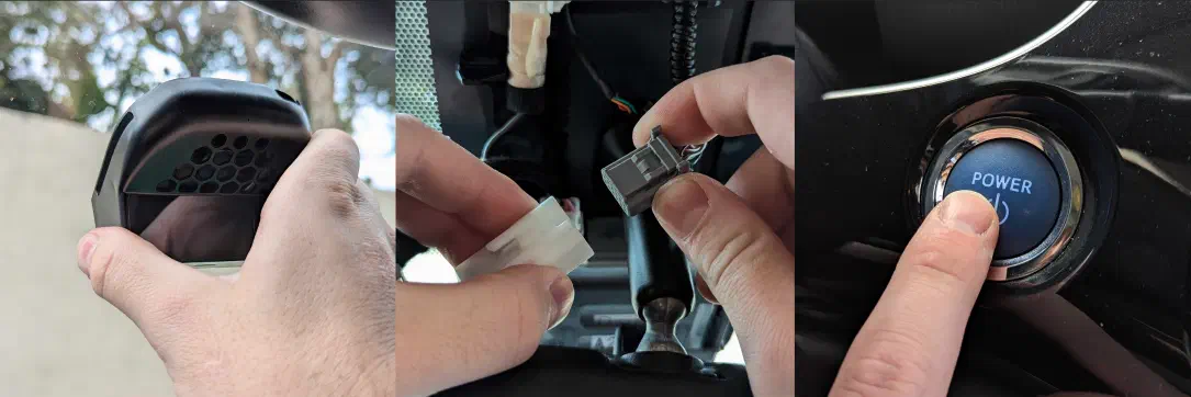 A comma four installed near a rearview mirror